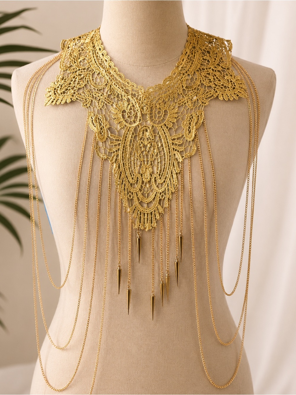 Gold Lace Fringe Statement Body Necklace - Women Jewelry